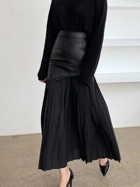 Commense Asymmetric Faux Leather Pleated Maxi Skirt Black Large NWT